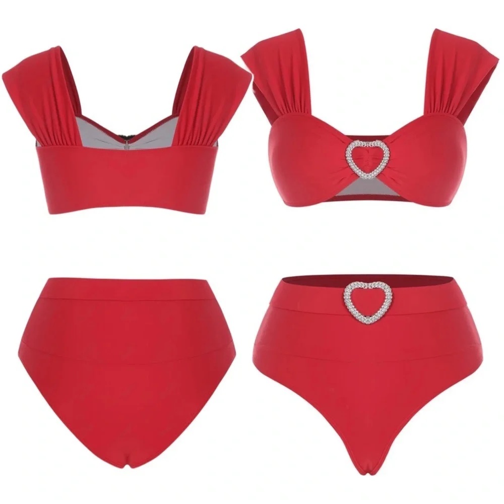 Rhinestone Heart ✦ Red Silver Bikini Set ✦ Sweetheart Neck Belted High-Cut L NWT